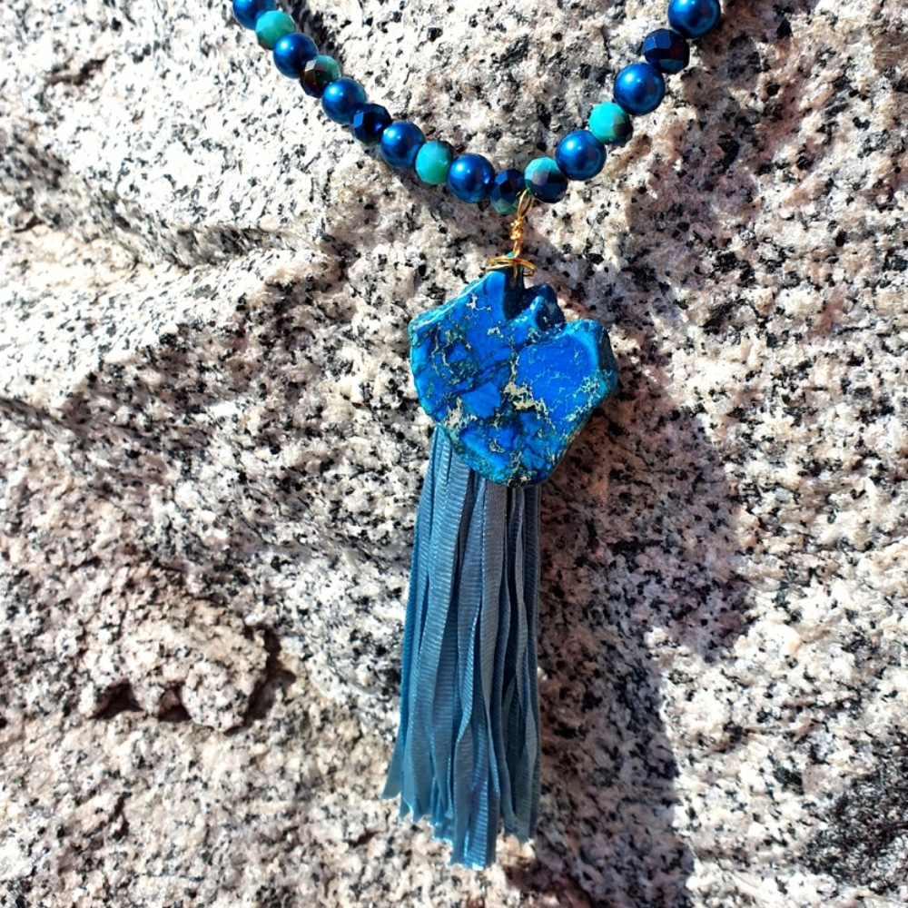 Boho Jasper Nugget, Glass & Wood Tassel Necklace